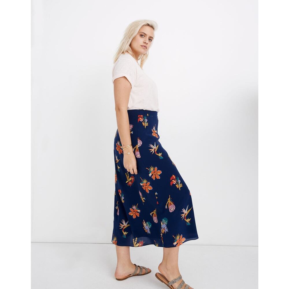 Madewell Silk Midi Skirt Women's 10 Navy Botanical Resort Euro Vacation Cruise - Picture 12 of 16